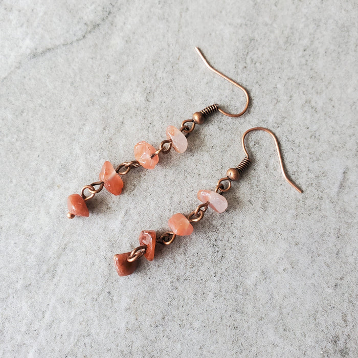 Carnelian chip stack earrings on copper ear wires