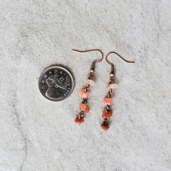 Carnelian chip stack earrings on copper ear wires