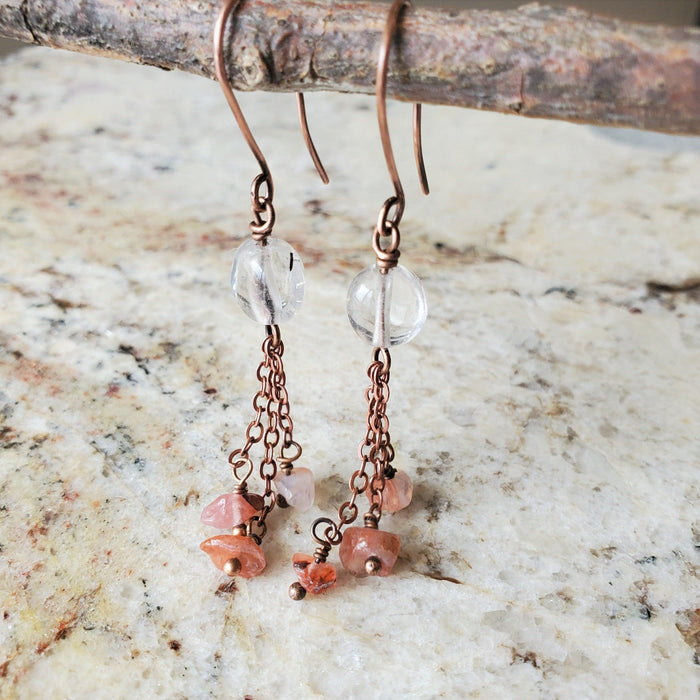 Rutilated Quartz earrings with Carnelian Chip dangles