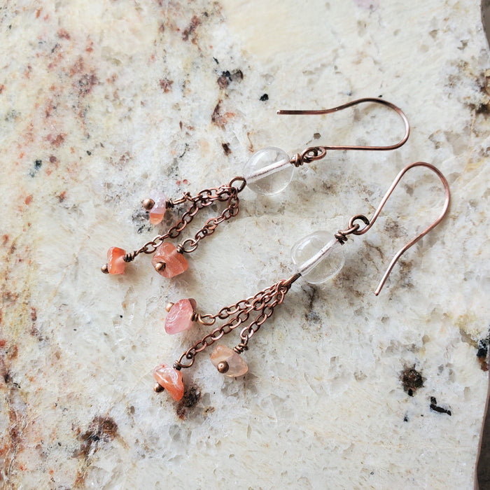 Rutilated Quartz earrings with Carnelian Chip dangles