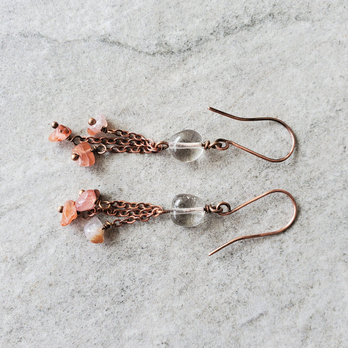 Rutilated Quartz earrings with Carnelian Chip dangles