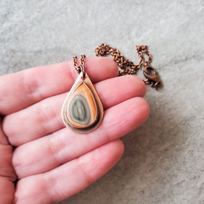 Copper bezel set Imperial Jasper teardrop pendant necklace 