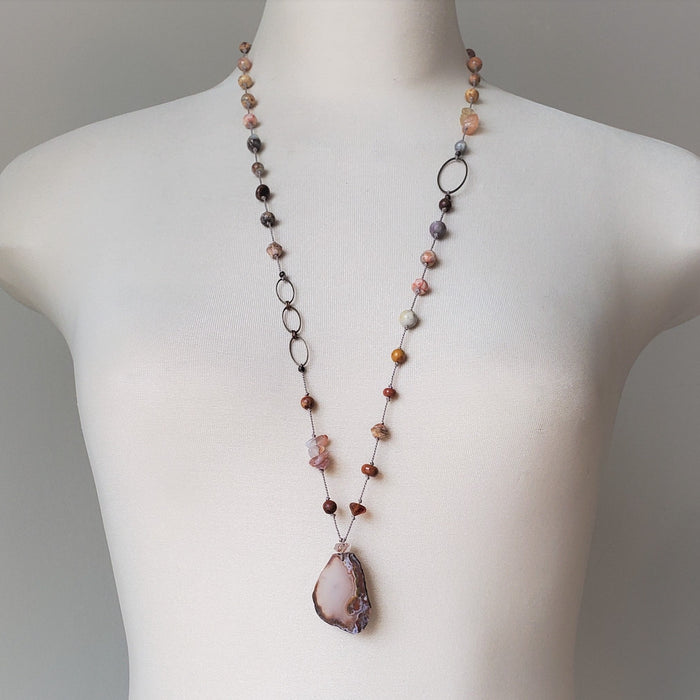 Knotted agate mixed gemstone necklace