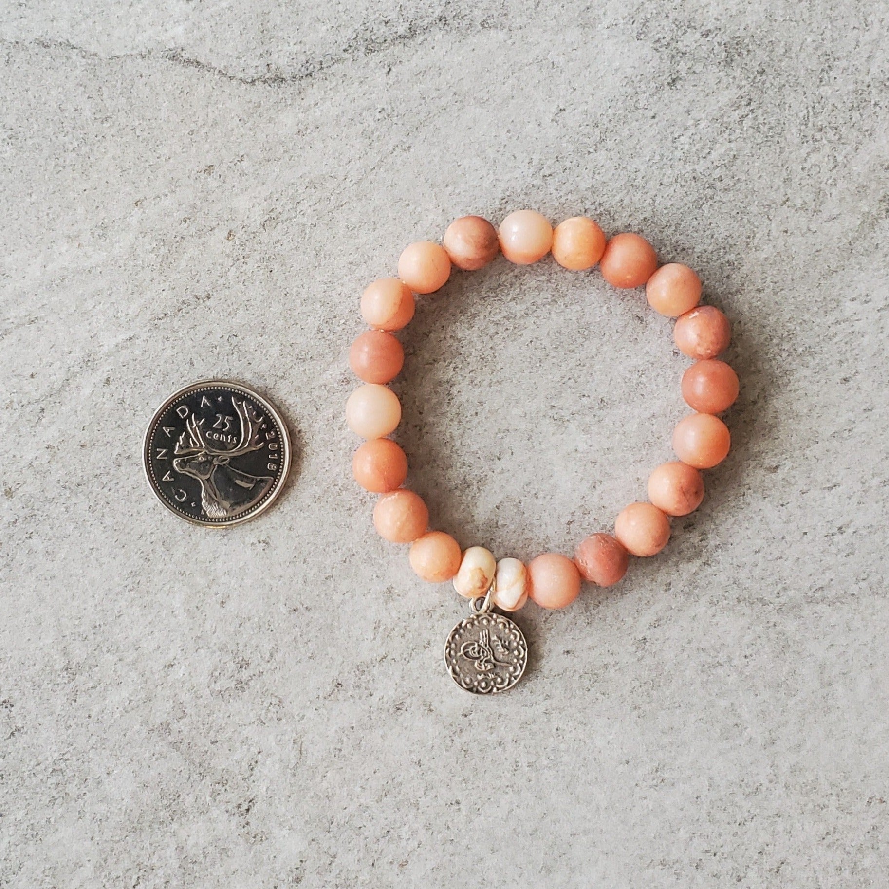 Pink Aventurine silver coin charm stretch bracelet