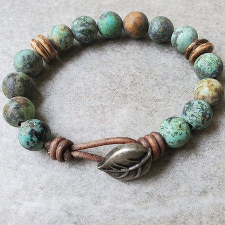 10mm african turquoise leather bracelet with button