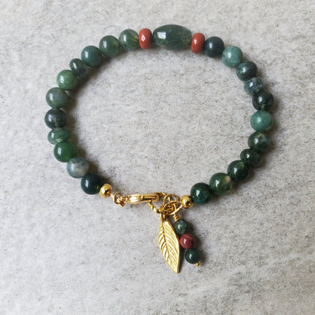 Moss Agate and Mookaite bracelet with gold leaf charm