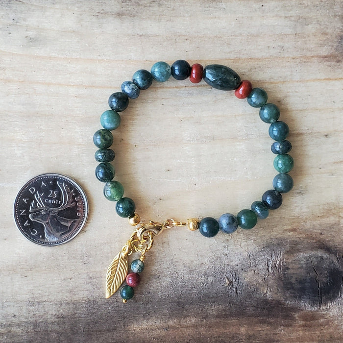 Moss Agate and Mookaite bracelet with gold leaf charm