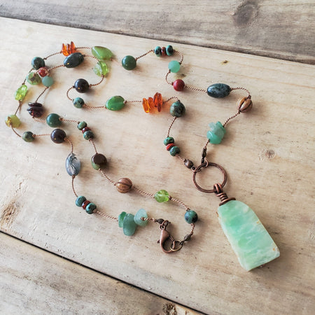 Silk knotted Chrysoprase focal mixed gemstone necklace 