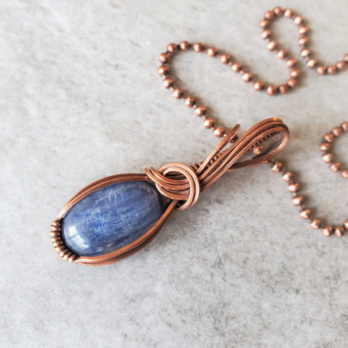 Blue kyanite wire wrapped pendant necklace