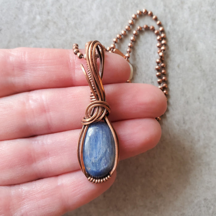 Blue kyanite wire wrapped pendant necklace