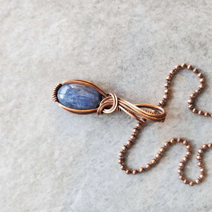 Blue kyanite wire wrapped pendant necklace