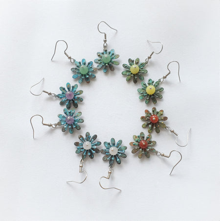 Patina flower with gemstone dangle earrings 