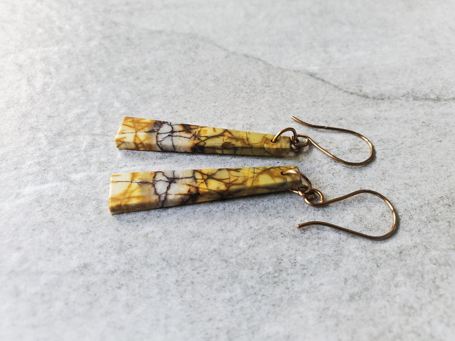 Picasso Jasper gemstones on antique brass coloured ear wires. Rustic Boho style ear jewelry. 