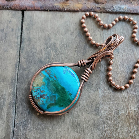 Wire wrapped pendant, handcrafted artisan jewelry, Shattuckite stone, rustic Boho jewelry