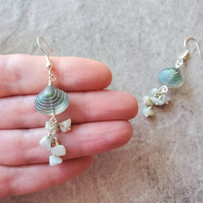 Amazonite chips glass seashell dangle earrings