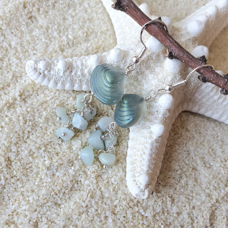 Amazonite chips glass seashell dangle earrings