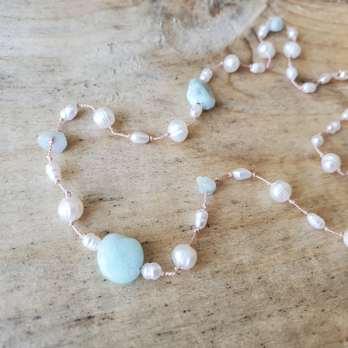 Hand knotted pearl larimar choker necklace