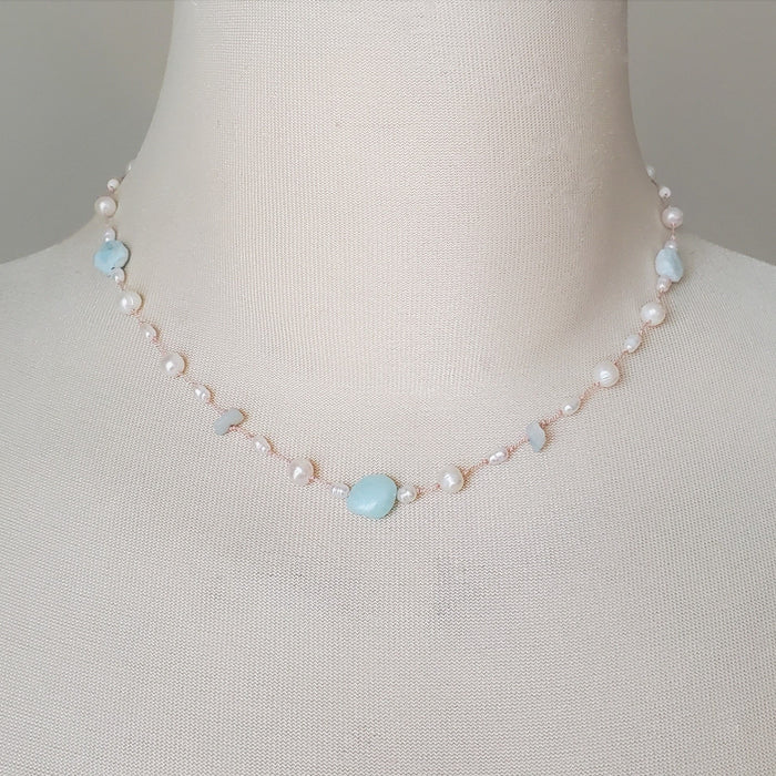 Hand knotted pearl larimar choker necklace