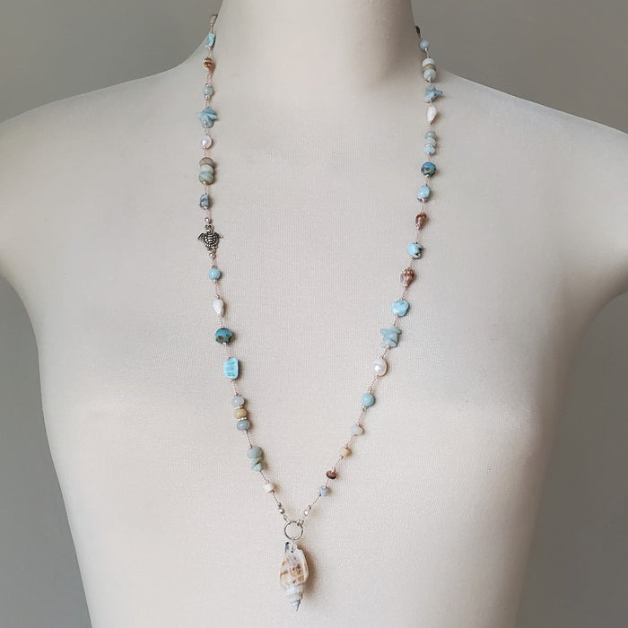 multi gemstone shell knotted silk necklace