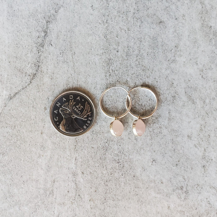 Round Rose Quartz  stones bezel set in sterling silver on silver hoops