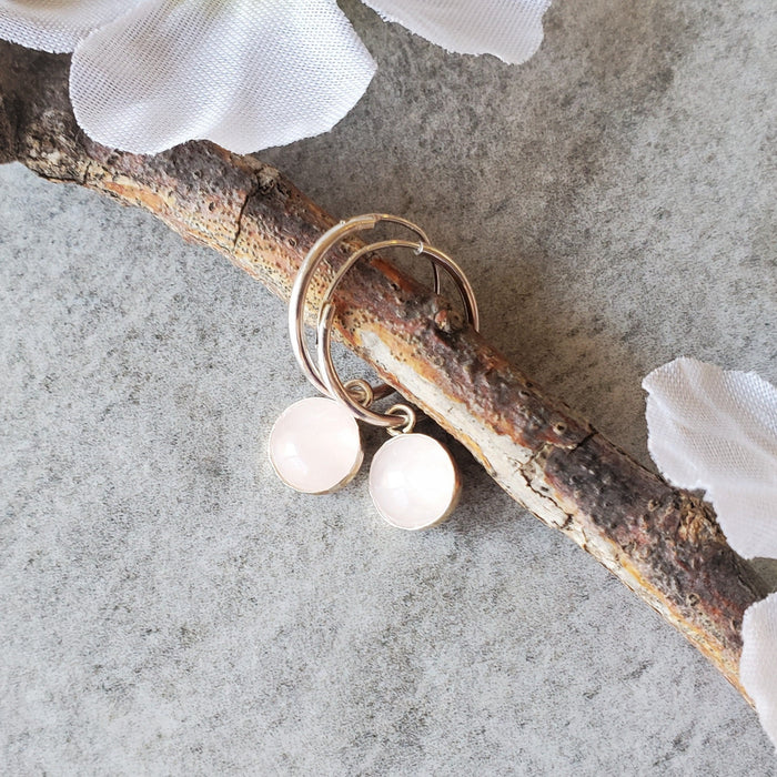 Round Rose Quartz  stones bezel set in sterling silver on silver hoops