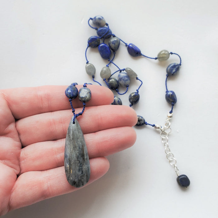 Hand knotted silk necklace with Sodalite, Labradorite and Kyanite