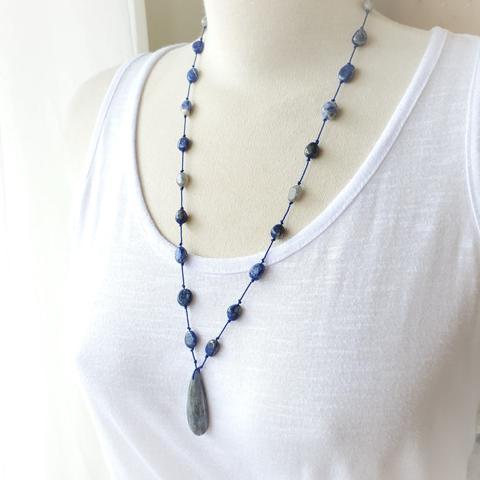 Hand knotted silk necklace with Sodalite, Labradorite and Kyanite