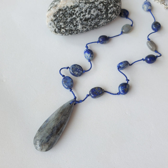 Hand knotted silk necklace with Sodalite, Labradorite and Kyanite