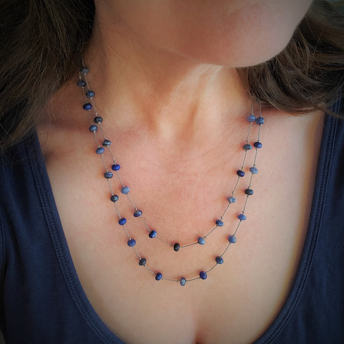 Long hand knotted Sodalite Lapis Lazuli necklace