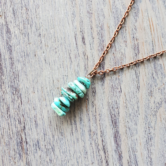 Natural Turquoise chips stacked pendant with 18" cable chain