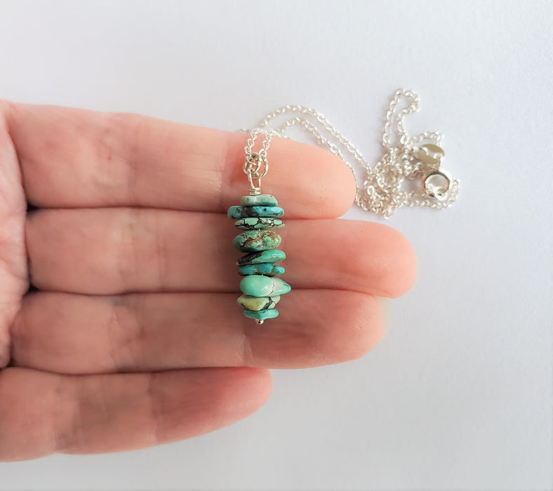 Natural Turquoise chips stacked pendant with 18" cable chain