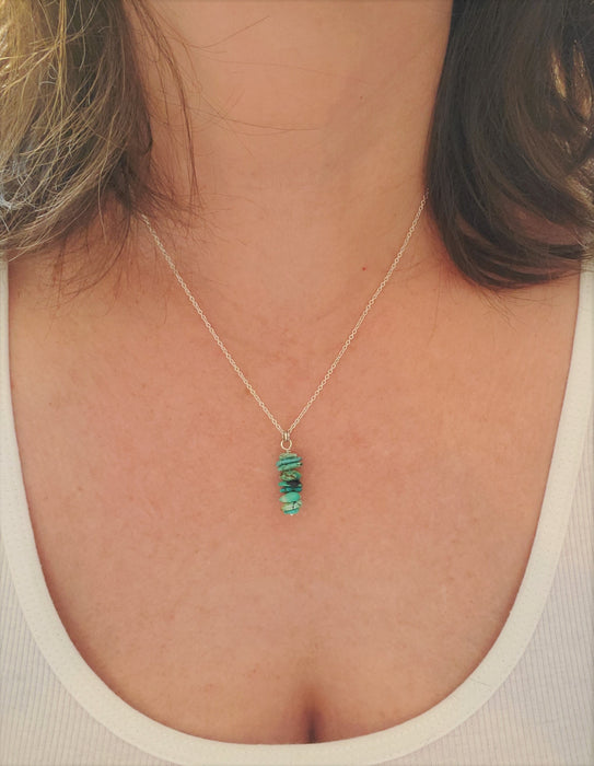 Natural Turquoise chips stacked pendant with 18" cable chain